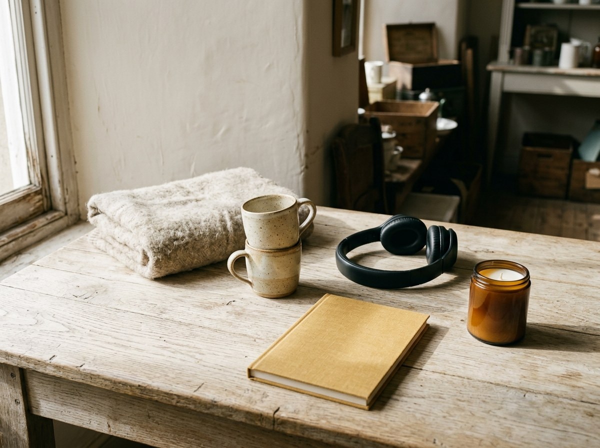 Folded wool throw, stacked stoneware mugs, headphones, a notebook and a candle on a sunlit oak table